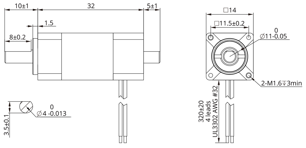 Dessin dimensionnel du moteur pas à pas hybride Taille 6 (14mm)