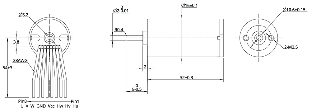 Dessin dimensionnel du moteur Brushless DC de taille 16mm