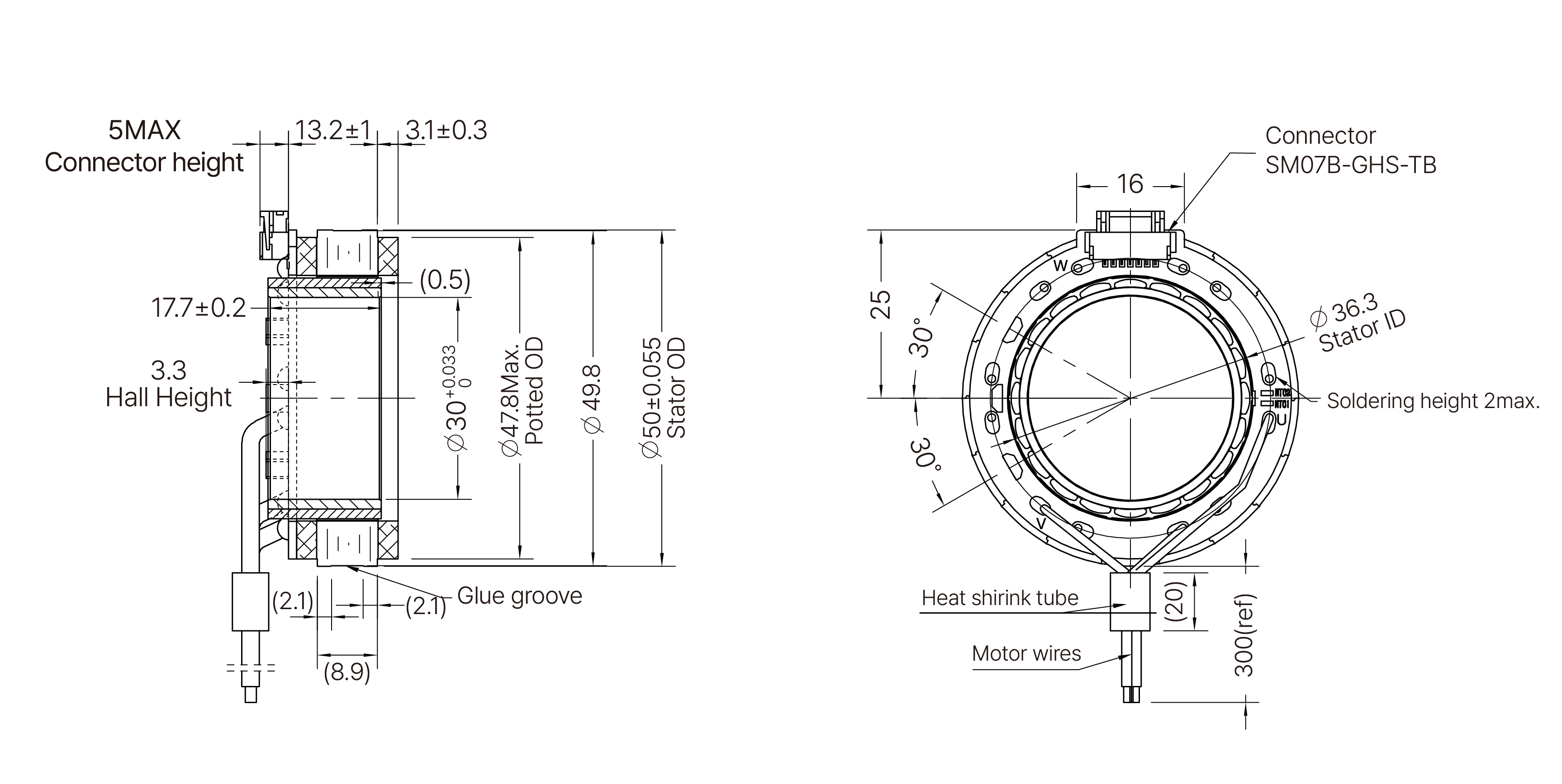 Frameless Motor Size 50mm Dimensional Drawing