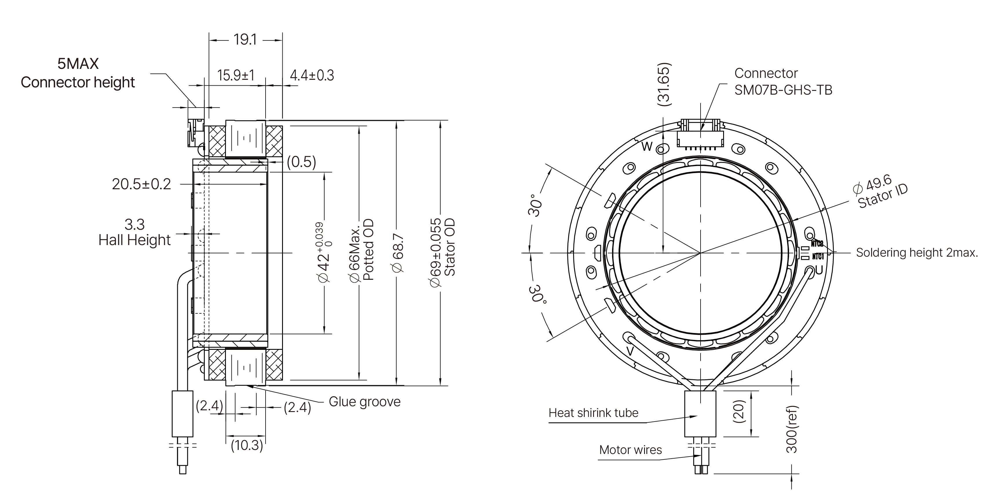 Frameless Motor Size 70mm Dimensional Drawing