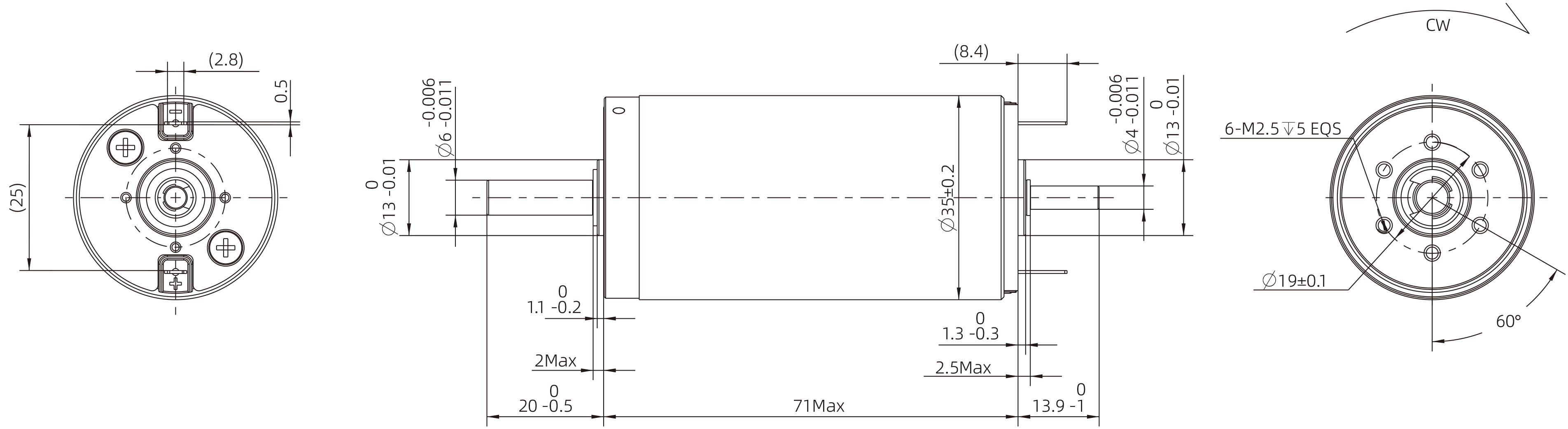 Brushed Coreless DC Motor Size 35mm Dimensional Drawing