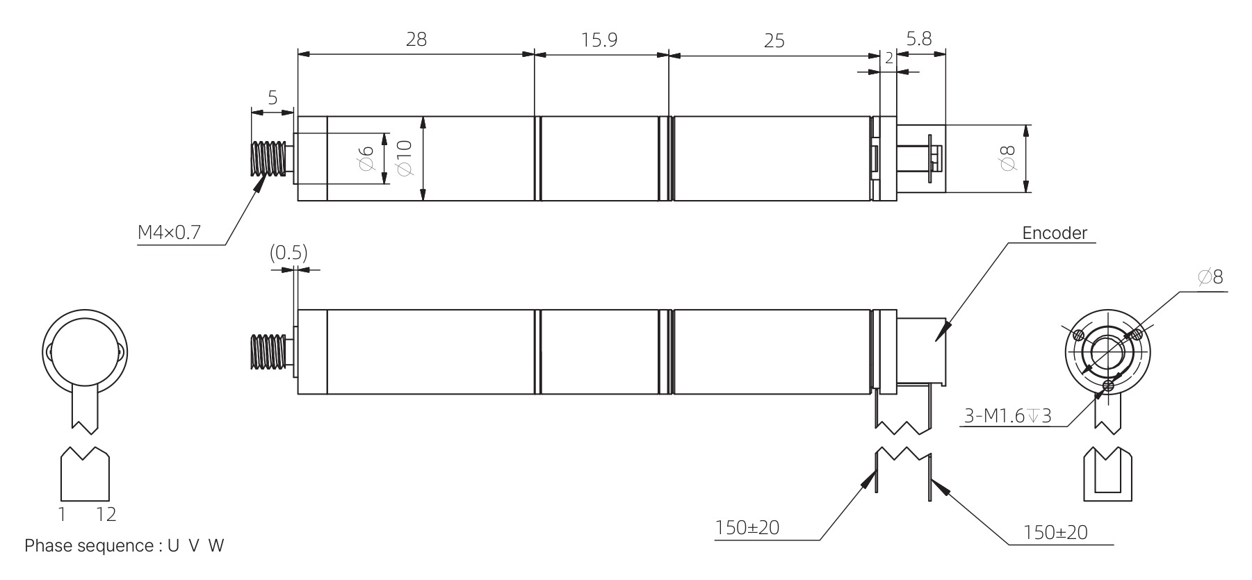 10mm Actionneur à tige de poussée Coreless - plans dimensionnels
