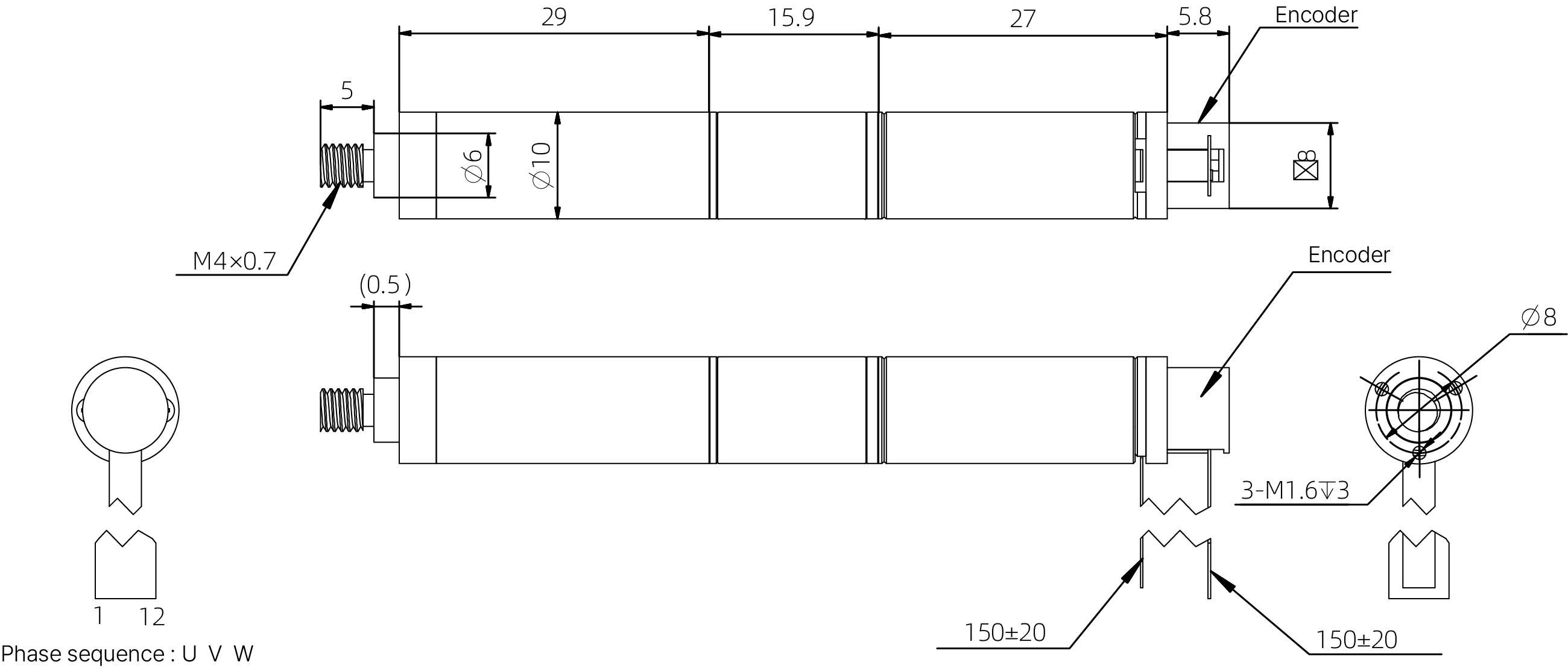 10mm Actionneur à tige de poussée Coreless - plans dimensionnels