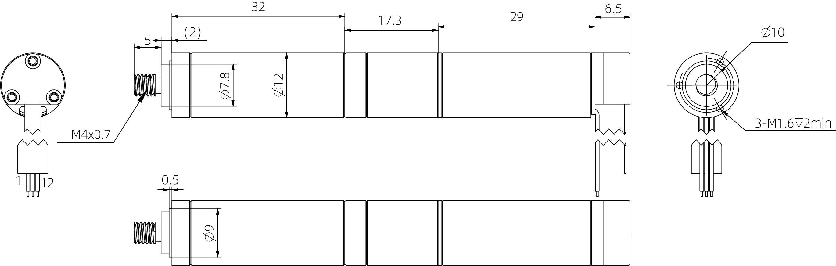 12mm Actionneur à tige de poussée Coreless - plans dimensionnels