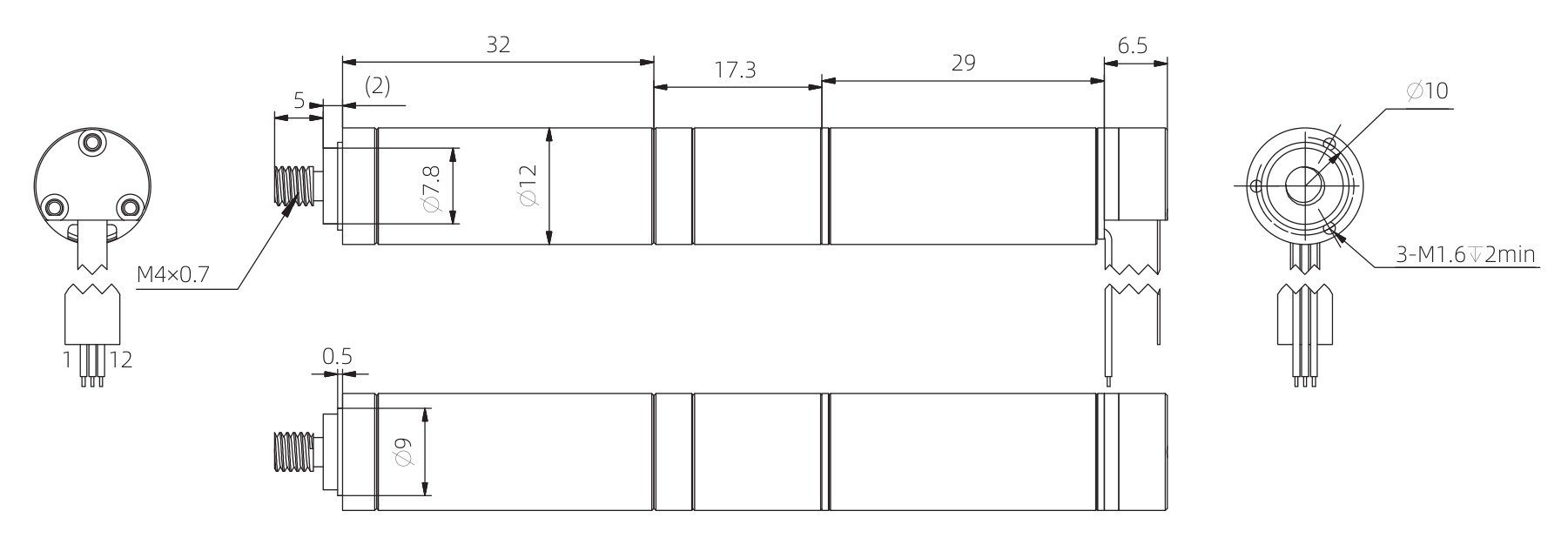 12mm Actionneur à tige de poussée Coreless - plans dimensionnels