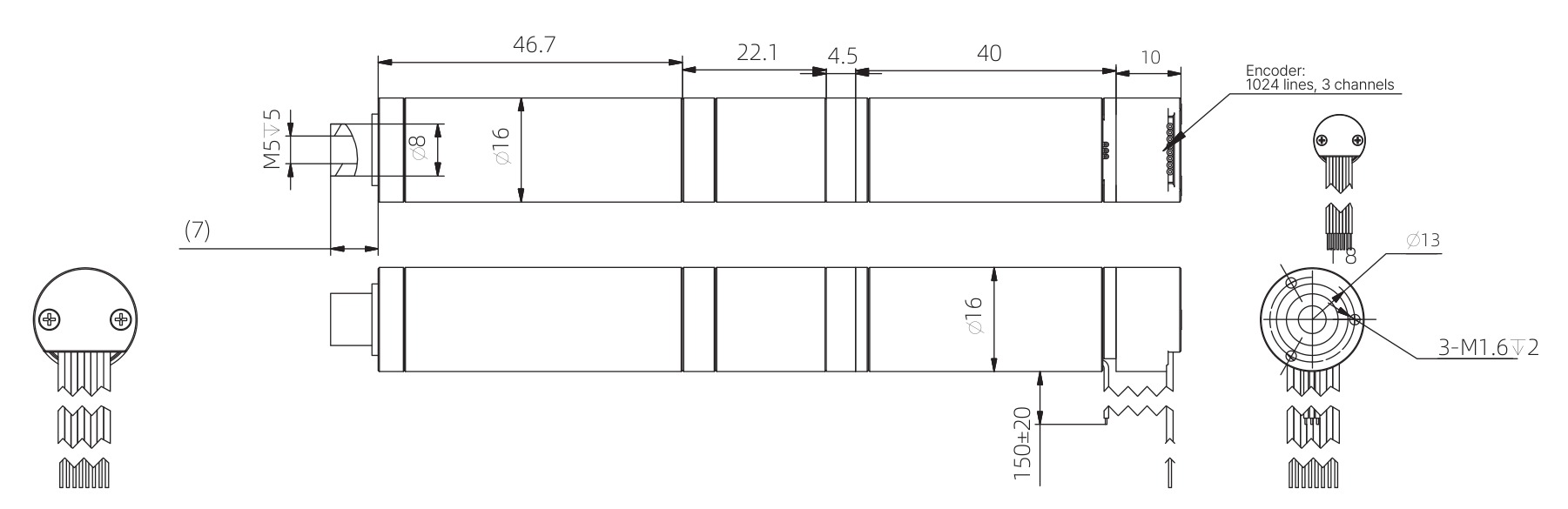 16mm Actionneur à tige de poussée Coreless - plans dimensionnels
