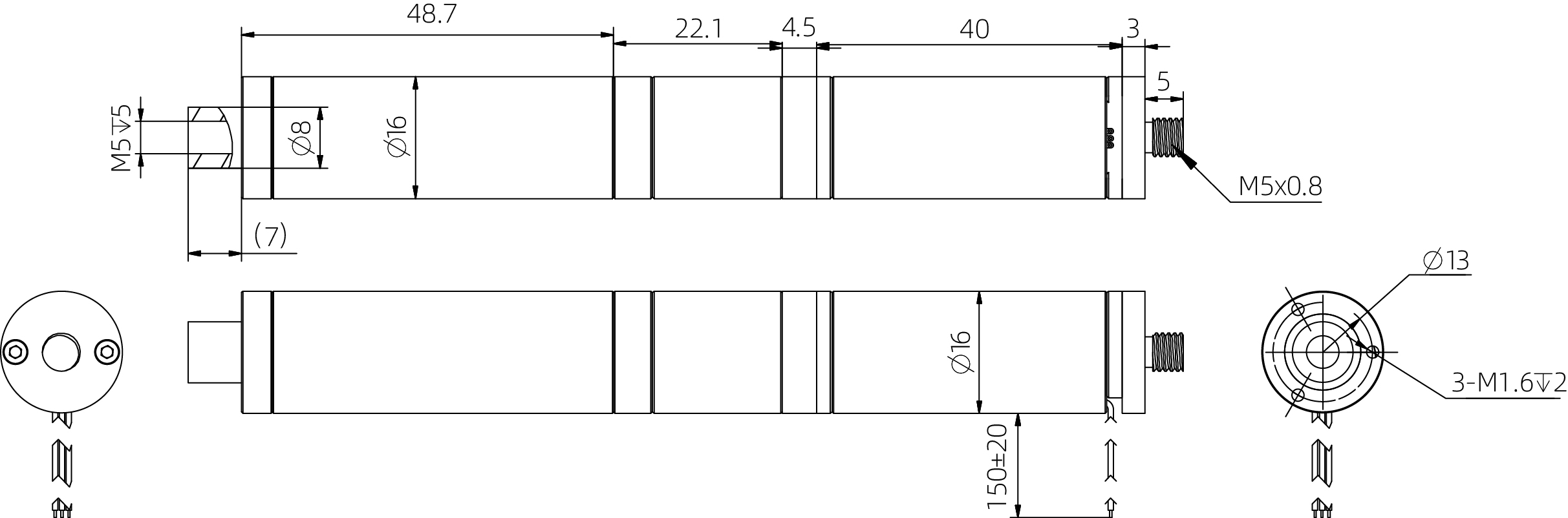 16mm Actionneur à tige de poussée Coreless - plans dimensionnels