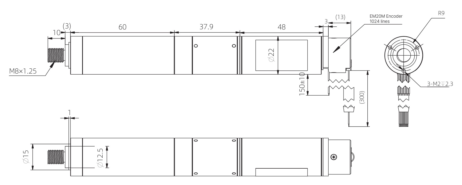 22mm Actionneur à tige de poussée Coreless - plans dimensionnels