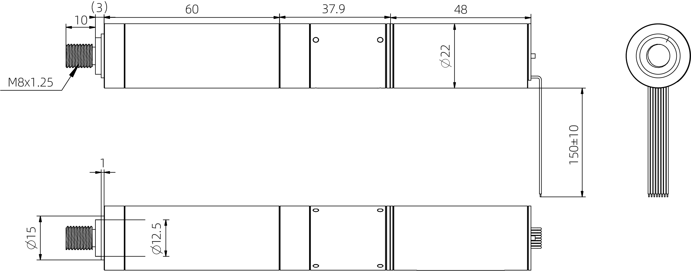 22mm Actionneur à tige de poussée Coreless - plans dimensionnels
