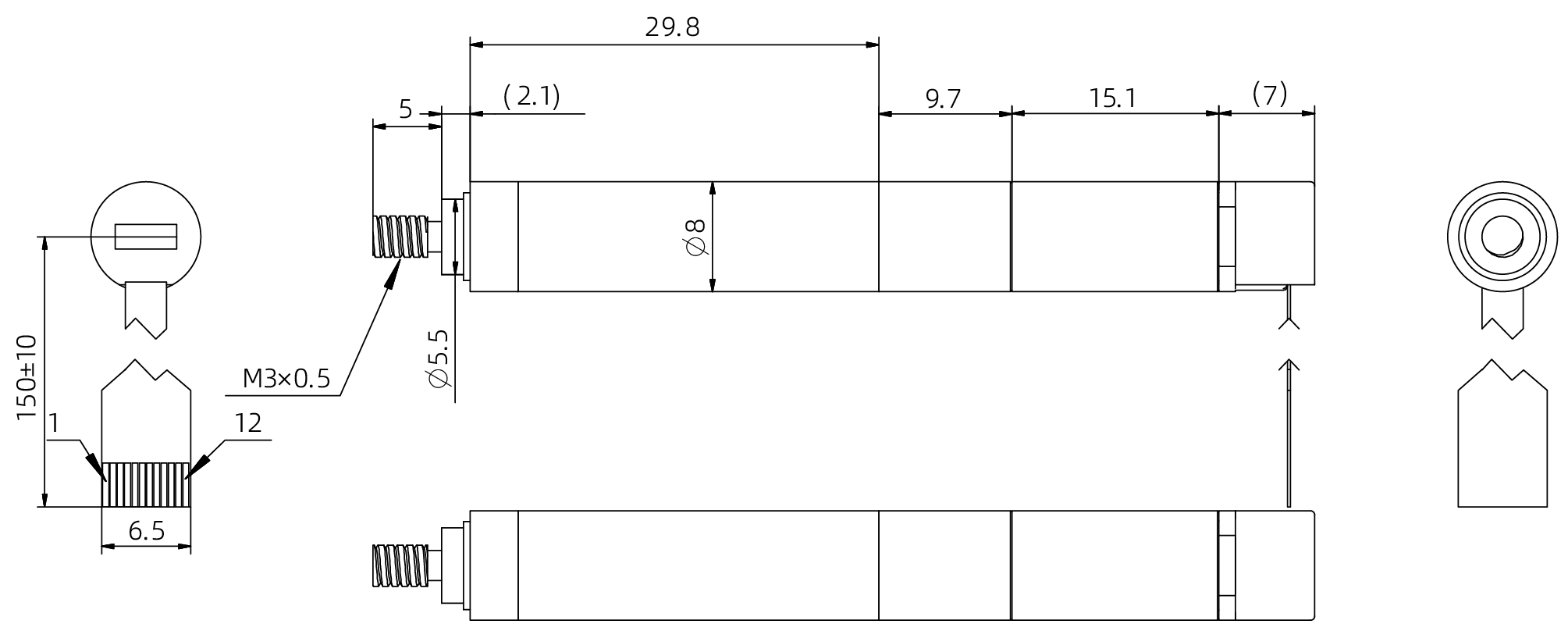 8mm Actionneur à tige de poussée Coreless - plans dimensionnels