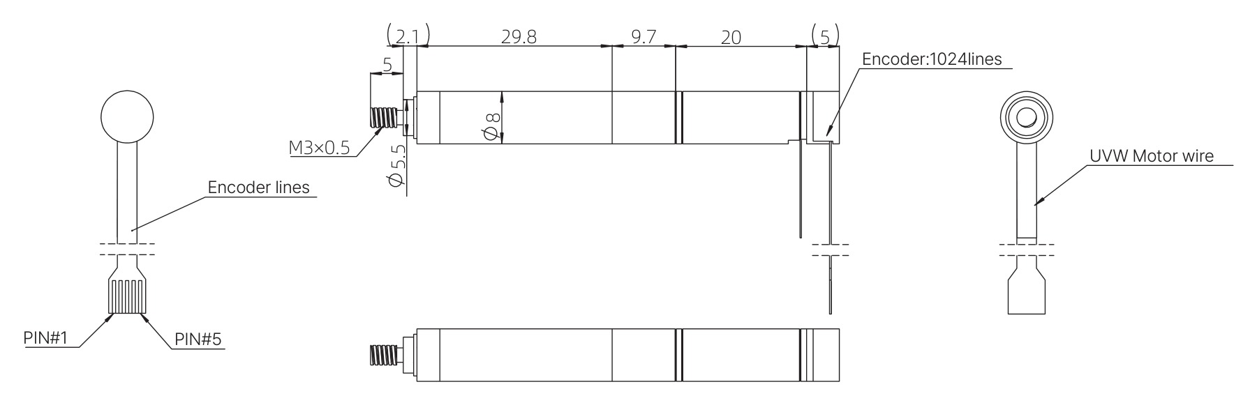 8mm Actionneur à tige de poussée Coreless - plans dimensionnels